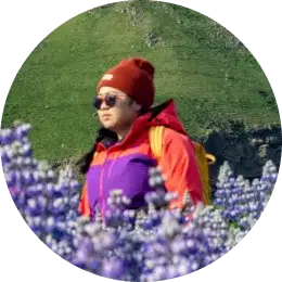 Abenteuerlustiger Reisender in den Lupinenfeldern Islands Reisender mit rotem Beanie und bunter Jacke, der durch ein Feld von lila Lupinen in Island geht.