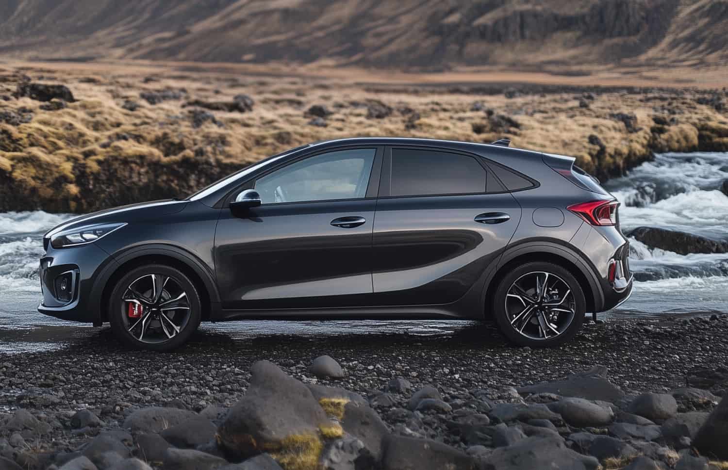Dunkelgrauer Kia Cee’d Hatchback mit Schaltgetriebe, GPS, Rückfahrkamera und Sitzheizung – ideal für 5 Personen und 3 Gepäckstücke in Island.