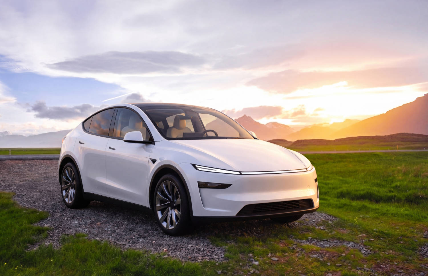 Blauer Tesla Model Y Elektro-SUV mit Automatikgetriebe, GPS, Rückfahrkamera, Sitzheizung und Platz für 5 Personen und 2 Gepäckstücke in Island.